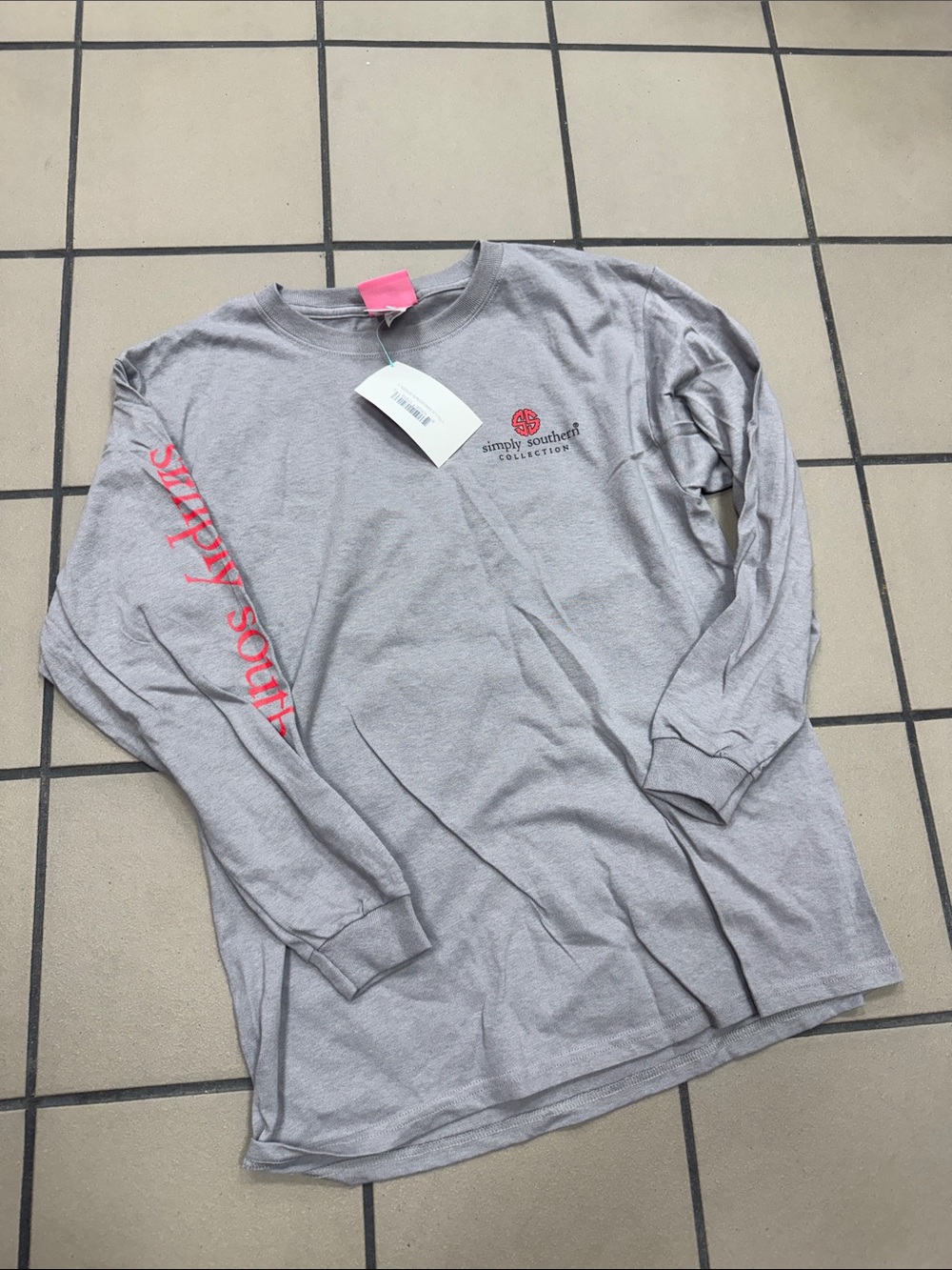 Simply Southern Light Gray Long Sleeve Tee with red Logo and Sleeve Print